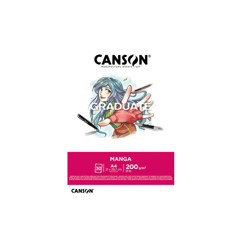 CANSON Bloc de 30 feuilles GRADUATE Manga. A4, 200gr. Blanc, lisse et résistant aux gommages et grattages