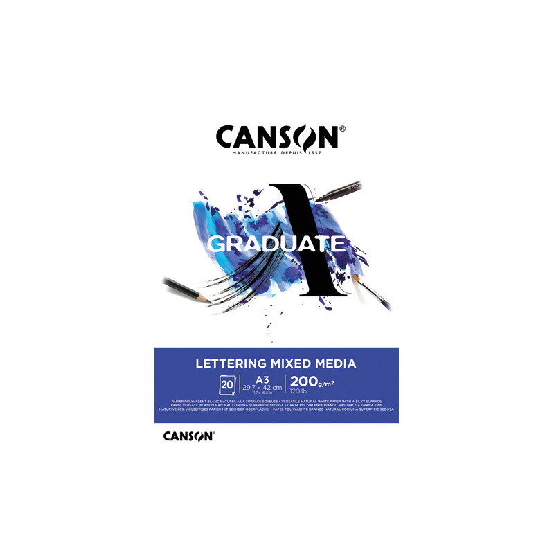 CANSON Bloc 20 feuilles GRADUATE LETTERING MIXED MEDIA. A3, 200gr. Blanc naturel. Surface soyeuse