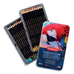 DERWENT Boîte métal ''CHROMAFLOW'' de 24 crayons de couleurs. Application lisse et veloutée. Mine de 3,5