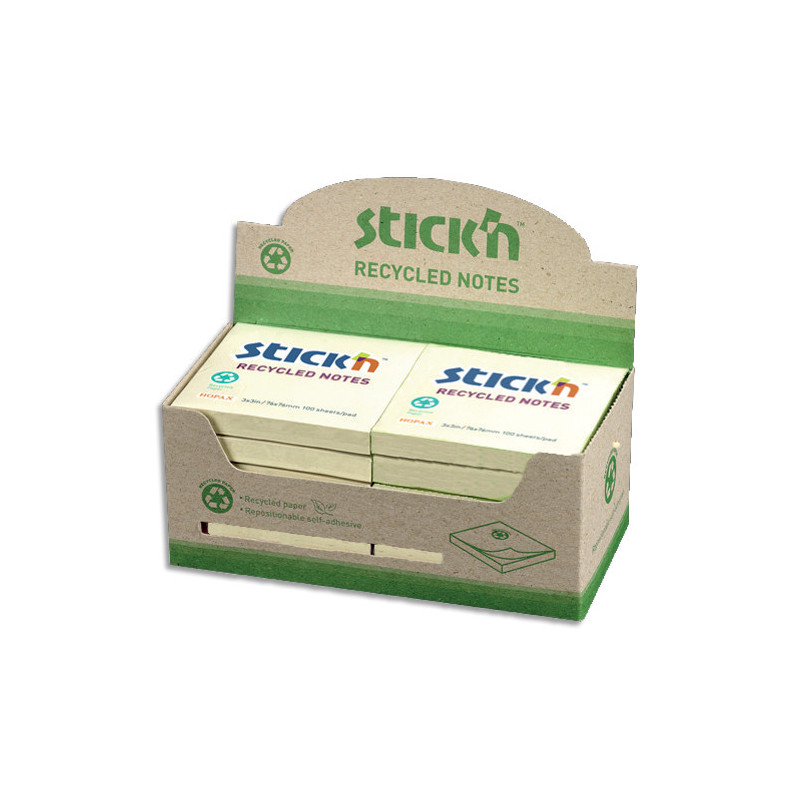 STICK'N Lot de 12 blocs de 100 feuilles recyclés repositionnables 76x76 mm. Couleur jaune.