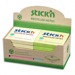 STICK'N Lot de 12 blocs de 100 feuilles recyclés repositionnables. 76x76 mm. Couleurs pastels.