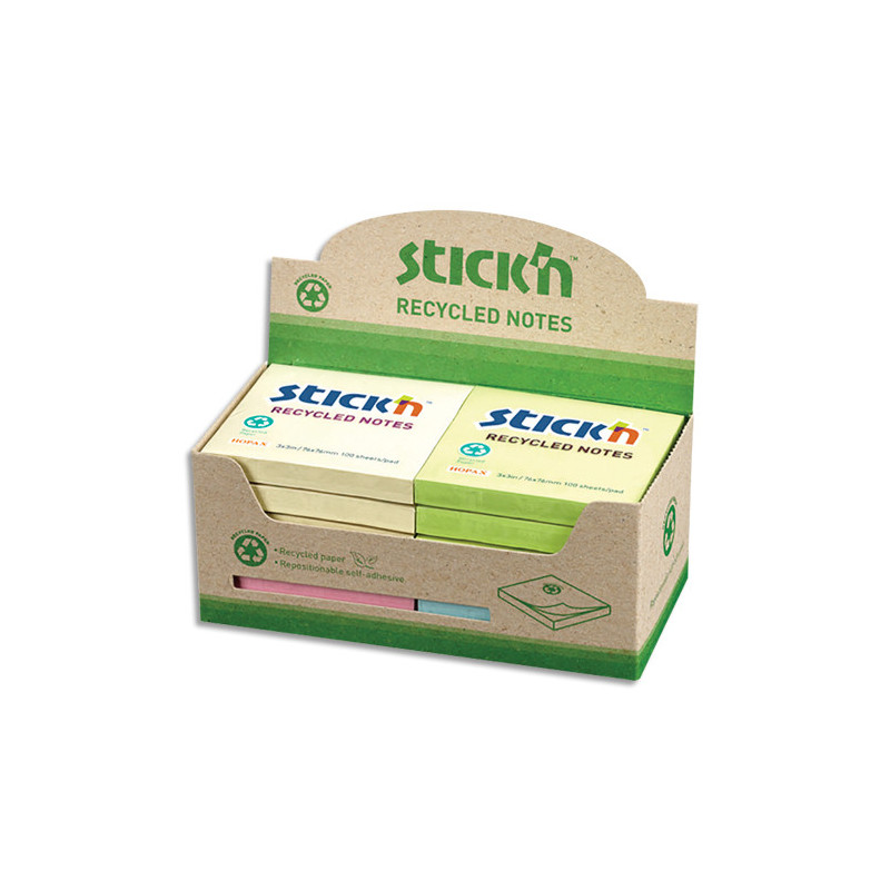 STICK'N Lot de 12 blocs de 100 feuilles recyclés repositionnables. 76x76 mm. Couleurs pastels.