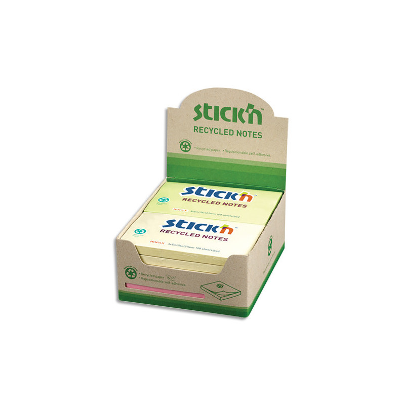 STICK'N Lot de 12 blocs de 100 feuilles recyclés repositionnables. 76x127 mm. Couleurs pastels.