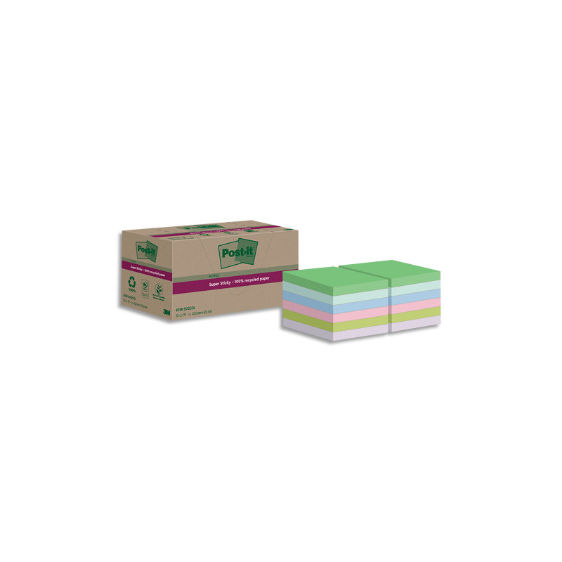 POST-IT Lot de 12 blocs notes Super Sticky Recyclées 47,6x47,6 mm. Couleurs assortis.