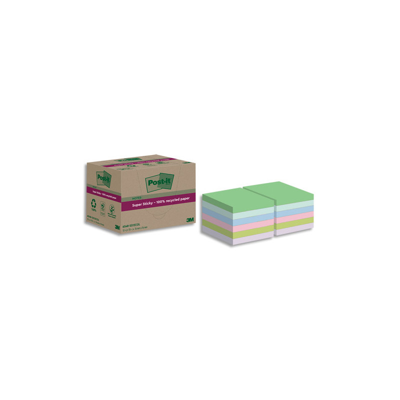 POST-IT Lot de 12 blocs notes Super Sticky Recyclées 76x76 mm. Couleurs assortis.