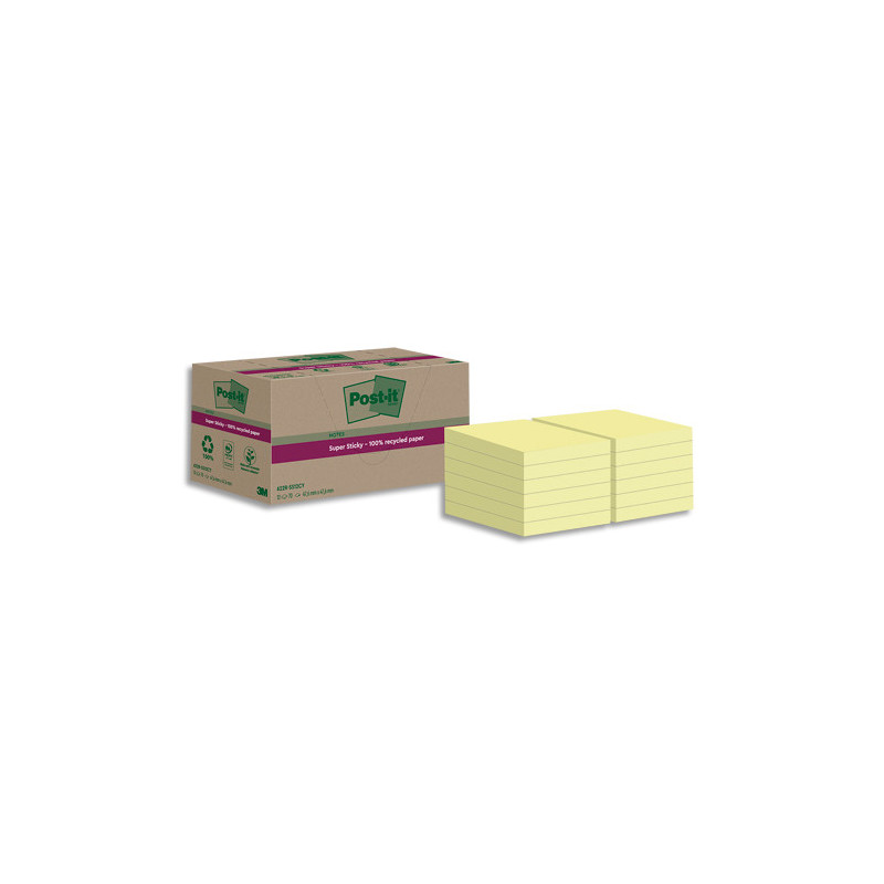 POST-IT Lot de 12 blocs notes Super Sticky Recyclées 47,6x47,6 mm. Jaune Pastel.