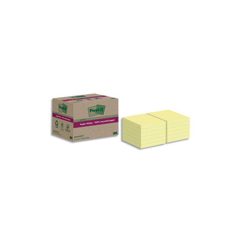 POST-IT Lot de 12 blocs notes Super Sticky Recyclées 76x76 mm. Jaune Pastel.