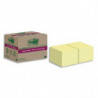 POST-IT Lot de 12 blocs notes Super Sticky Recyclées 76x76 mm. Jaune Pastel.