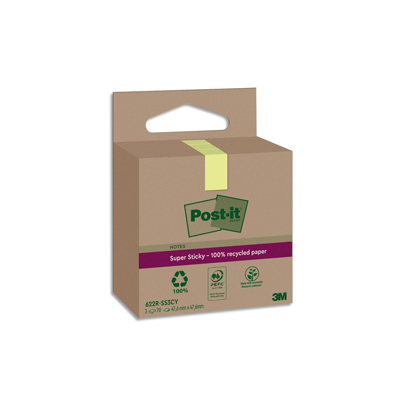 POST-IT Lot de 3 blocs notes Super Sticky Recyclées 47,6x47,6 mm. Couleurs assortis.