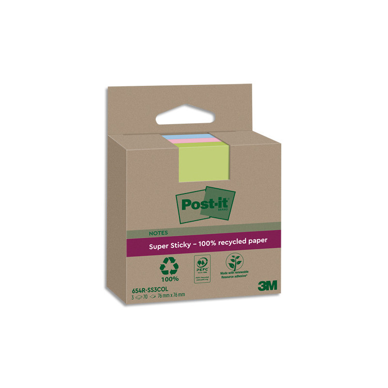 POST-IT Lot de 3 blocs notes Super Sticky Recyclées 76x76 mm. Couleurs assortis.