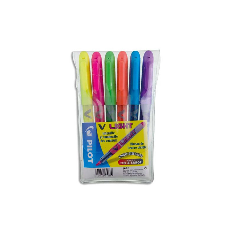 PILOT Pochette de 6 surligneurs de poche pointe biseautée assortis V-LIGHT