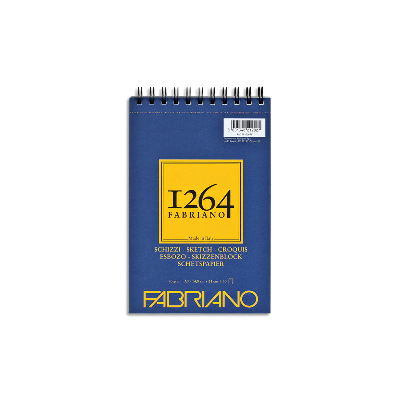 FABRIANO Bloc 1264 papier croquis. 60 feuilles A5. Papier blanc ivoire de 90 g/m². Spirale sur la largeur