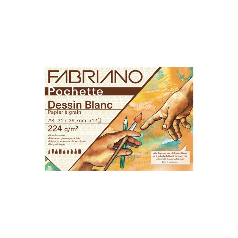 FABRIANO Pochette scolaire de 12 feuilles de papier dessin blanc à grain 224g A4