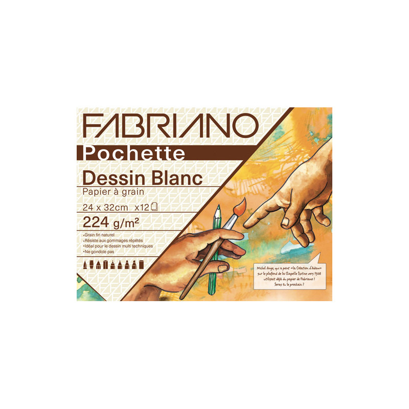 FABRIANO Pochette scolaire de 12 feuilles de papier dessin blanc à grain 224g 24X32 cm