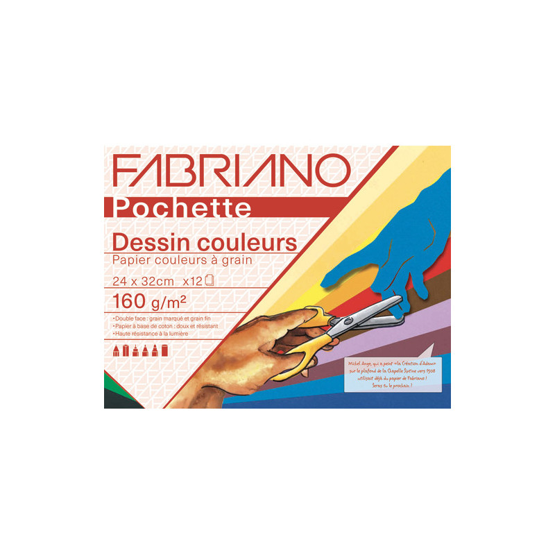 FABRIANO Pochette scolaire de 12 feuilles de papier dessin couleurs vives 160g 24x32 cm