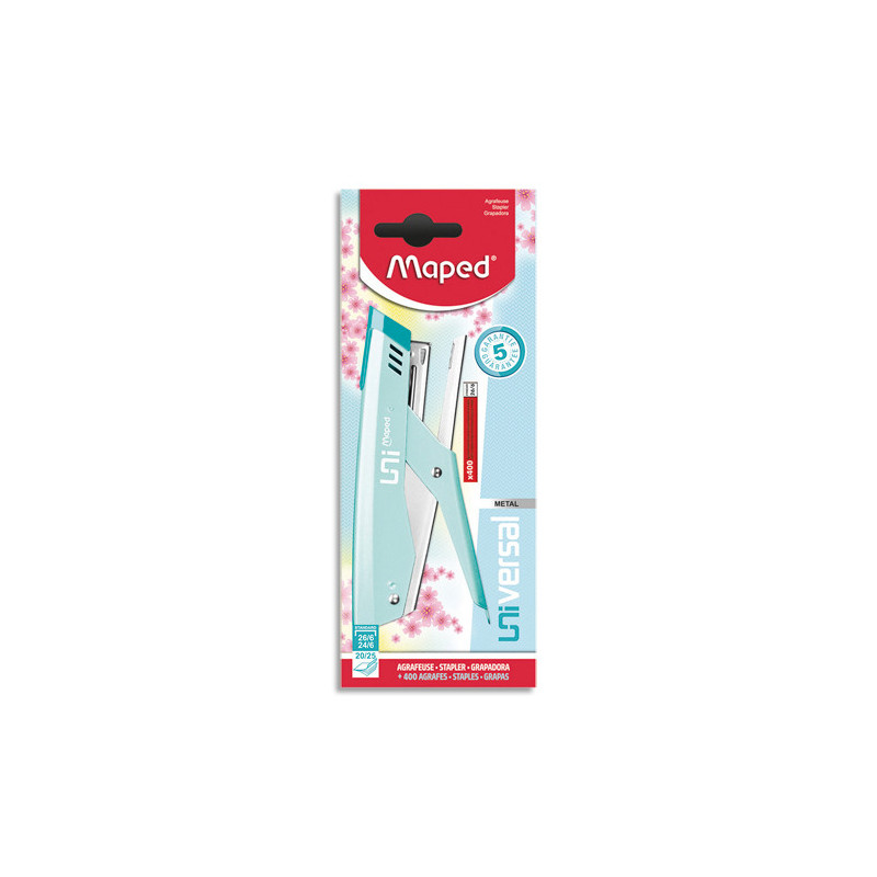 MAPED Pince Agrafeuse 100% métal avec ôte-agrafe intégré. 400 agrafes 26/6 incluses. Coloris Pastel