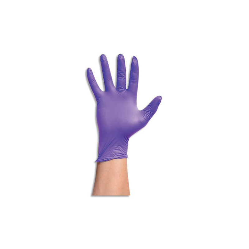 Boîte 100 gants nitrile violet touché texturé amélioré 100% synthétique. Sans protéine latex. Taille S