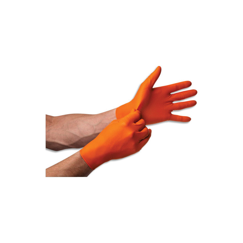 Boîte de 50 gants nitrile non poudrés GoGrip avec picot 8,5gr. Coloris orange. Taille M