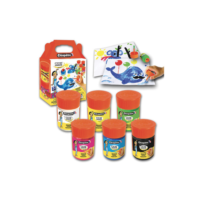 CLEOPATRE Lot de 6 p'tit pots de goua 50ml avec pinceau et entonnoir intégré (blc, jne, rge, vrt, bl, n)