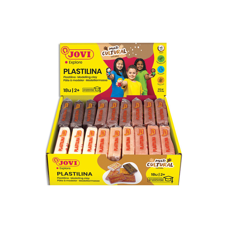 JOVI Plastilina, présentoir de pâte à modeler 18 x 50 gr, couleurs multicultural (3 unités x 6 couleurs)