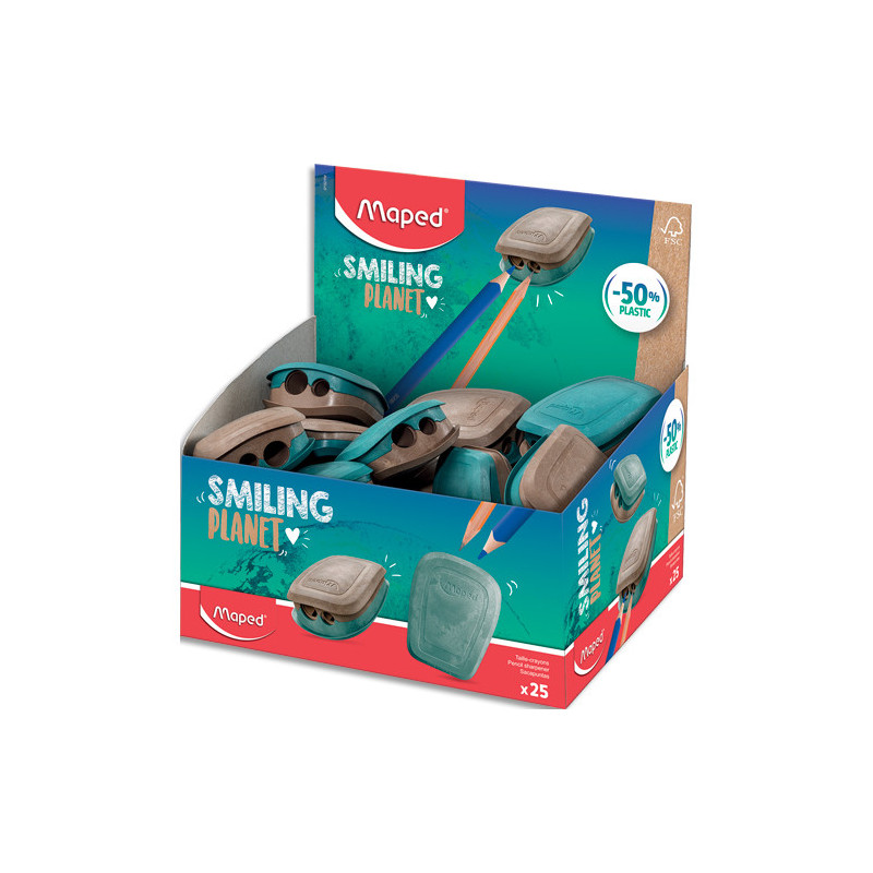 MAPED Taille-Crayons 2trous Smiling Planet composé à 50% de fibres de bois FSC, vendu en présentoir de 25