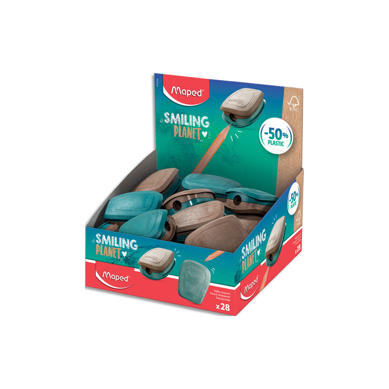 MAPED Taille-Crayons 1 trou Smiling Planet composé à 50% de fibres de bois FSC, vendu en présentoir de 28