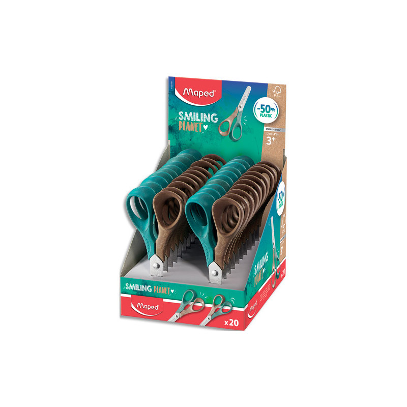 MAPED Ciseaux Vivo 12 cm Smiling Planet composé à 50% de fibres de bois FSC, livré en présentoir