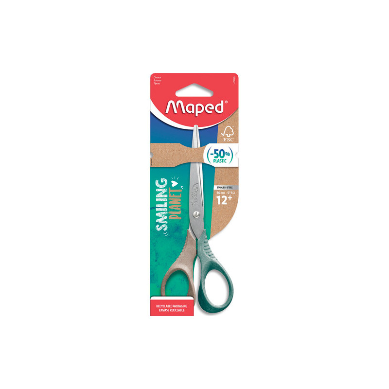 MAPED Ciseaux Shape 16 cm Smiling Planet en blister mix composé à 50% de fibres de bois FSC