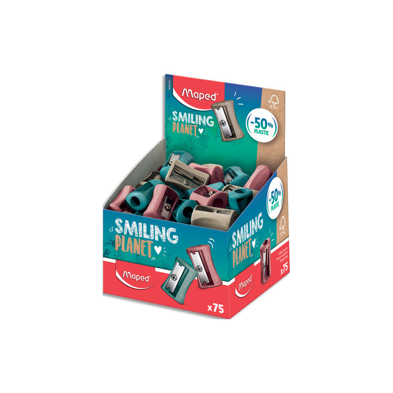 MAPED Taille-Crayons Vivo 1 trou Smiling Planet composé à 50% de fibres de bois FSC, livré en présentoir