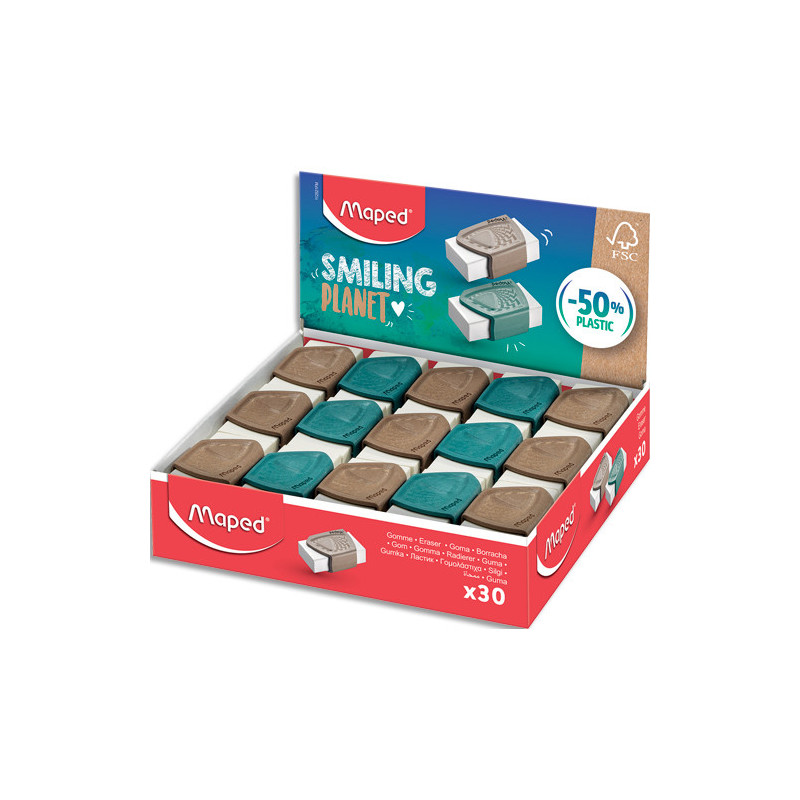 MAPED Gomme précision Smiling Planet, composé à 50% de fibres de bois FSC, vendu en présentoir de 30
