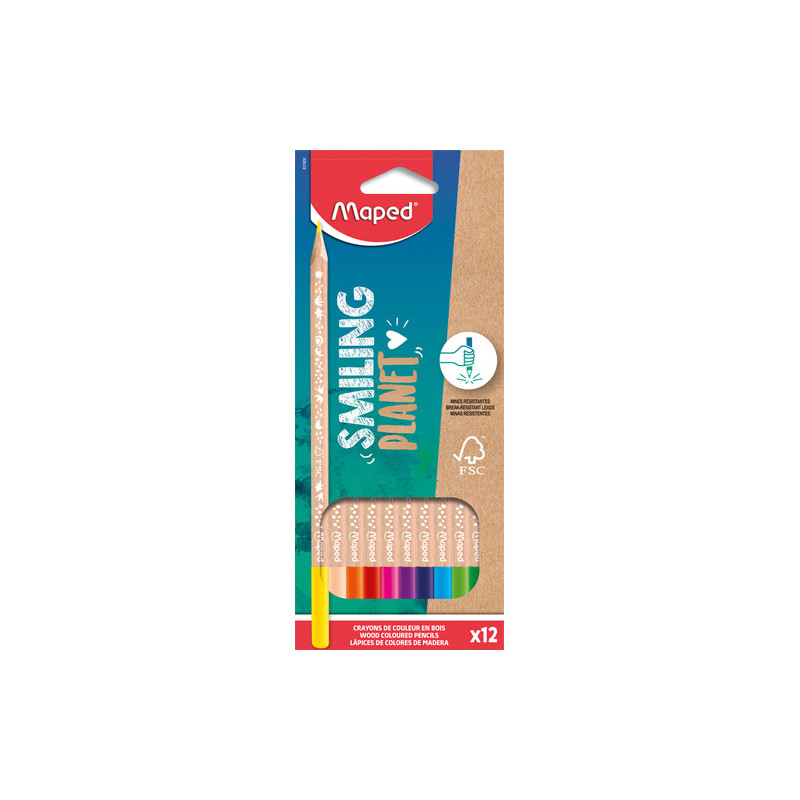 MAPED Boîte de 12 crayons en bois naturel 100% Smiling Planet, diamètre de 2,9 mm, FSC