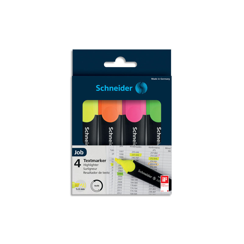 SCHNEIDER Pochette de 4 Surligneur (rechargeable) pointe biseautée JOB 150. Coloris assortis
