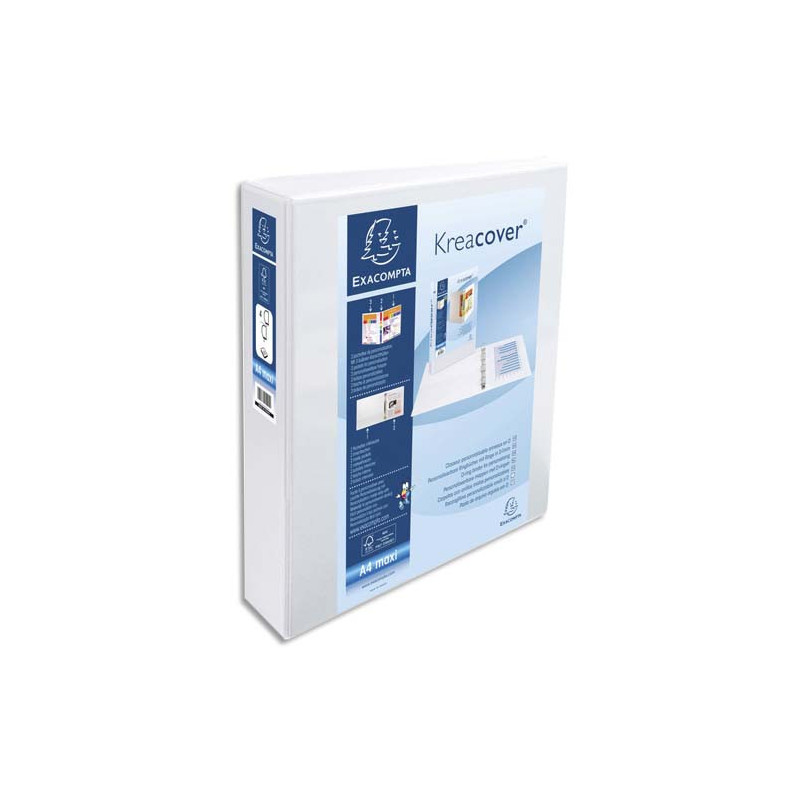 EXACOMPTA Classeur personnalisable KREACOVER 3 faces 4 anneaux Ø50 mm en D. En polypropylène Blanc.