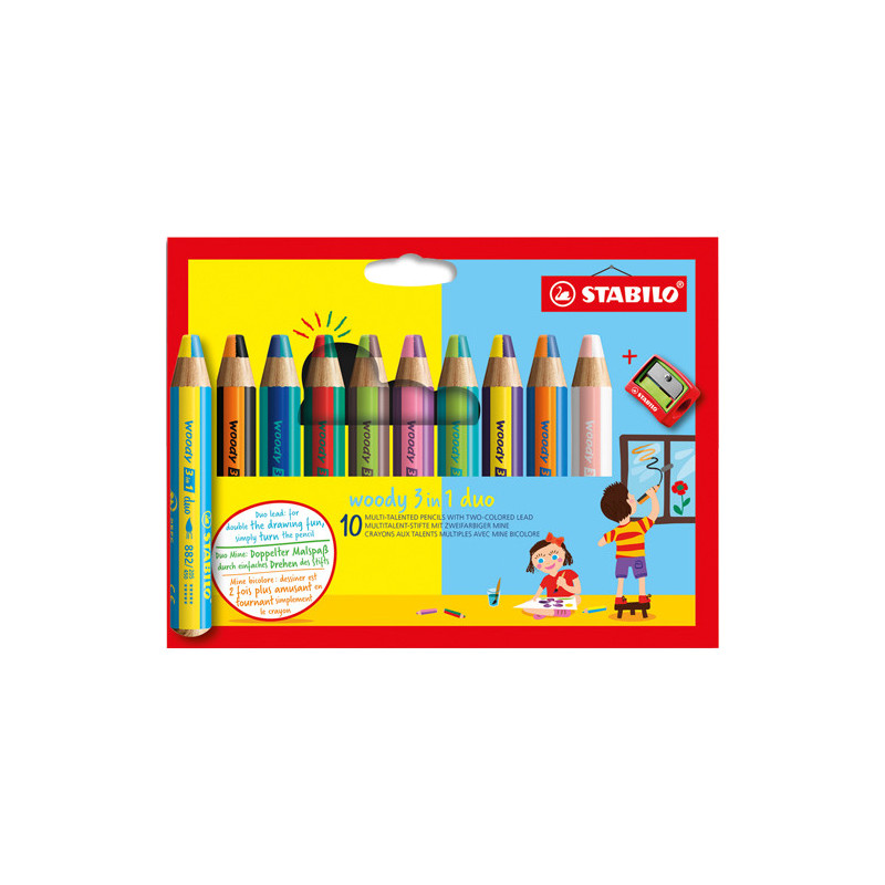 STABILO Etui carton de10 crayons multi-talents STABILO Woody 3in1 duo + 1 taille-crayon