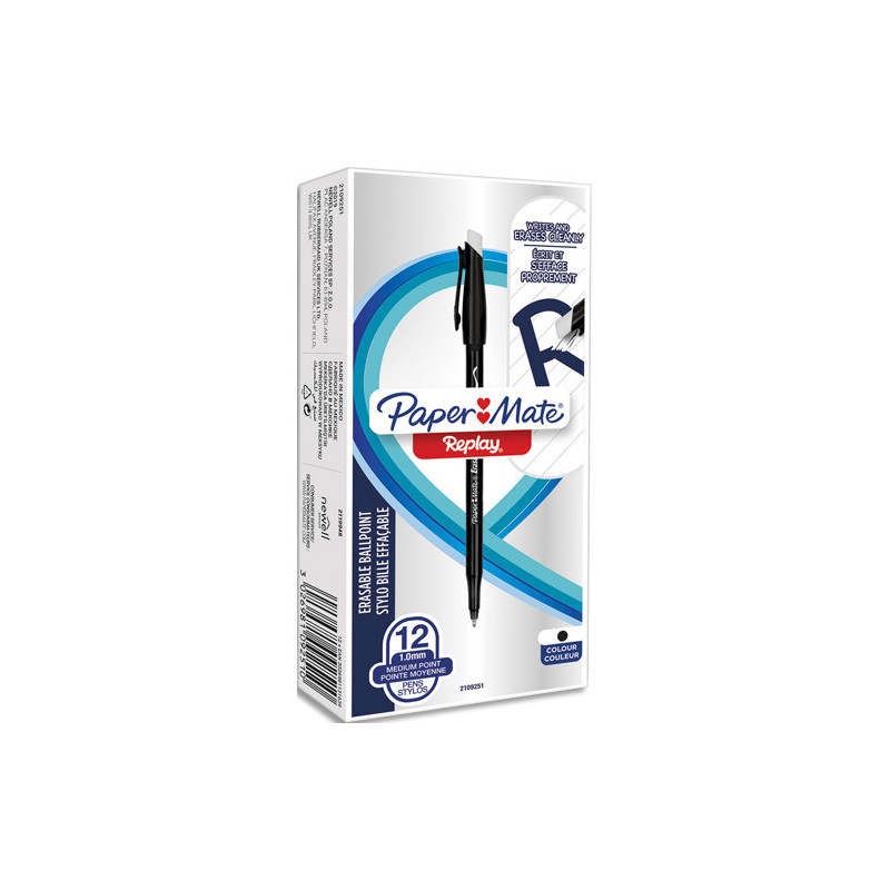 PAPERMATE Stylo-Bille Effaçable - Replay - Pointe Moyenne - Boîte de 12 - Noir