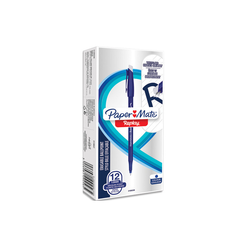 PAPERMATE Stylo-Bille Effaçable - Replay - Pointe Moyenne - Boîte de 12 - Bleu