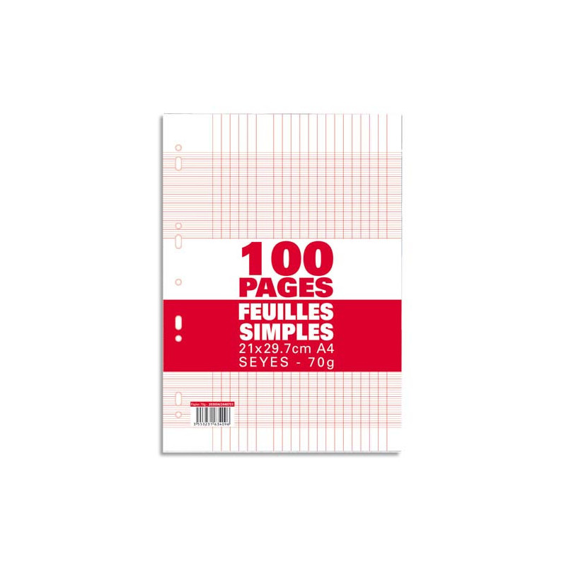 Sachet de 100 pages copies simples grand format A4 grands carreaux Seyès 70g perforées