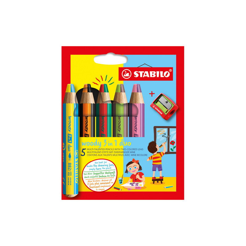 STABILO Etui carton x 5 crayons multi-talents STABILO woody 3 in 1 duo + 1 taille-crayon