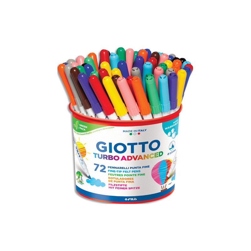 GIOTTO Pot de 72 feutres de coloriage TURBO ADVANCED pointe fine. Coloris assortis extra brillant