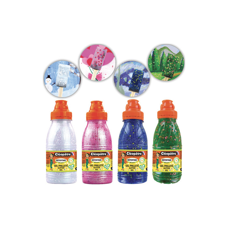 CLEOPATRE Lot de 4 flacons de gels pailletés déco en 250 ml (cur, prairie, neige, nuit étoilée)