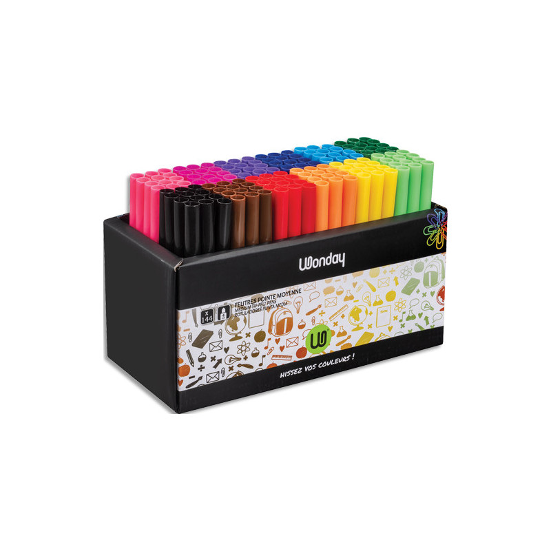 WONDAY Schoolpack de 144 feutres pointes moyennes, coloris assortis