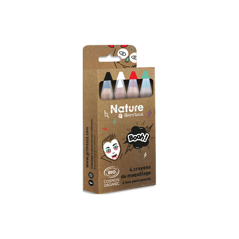 GRIM TOUT Boîte de 4 crayons de maquillage certifiés bio naturel - BOOH! Idéal pour Halloween