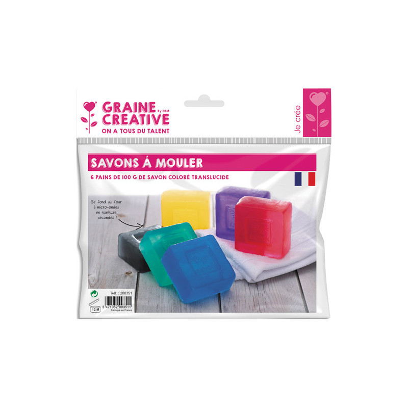 GRAINE CREATIVE Lot de 6 pains de 100gr de savons colorés translucides, fond au M-O - coloris assortis