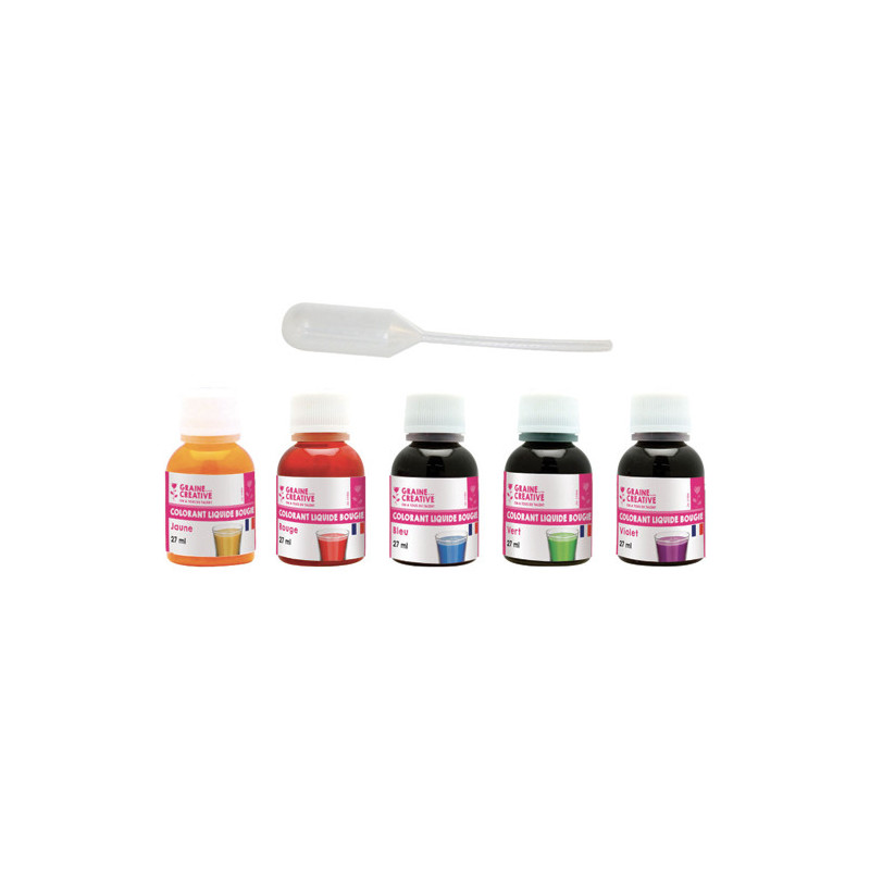 GRAINE CREATIVE Lot de 5 flacons de 27 ml de colorants liquide pour bougies : jne, rge, bl, vert, violet