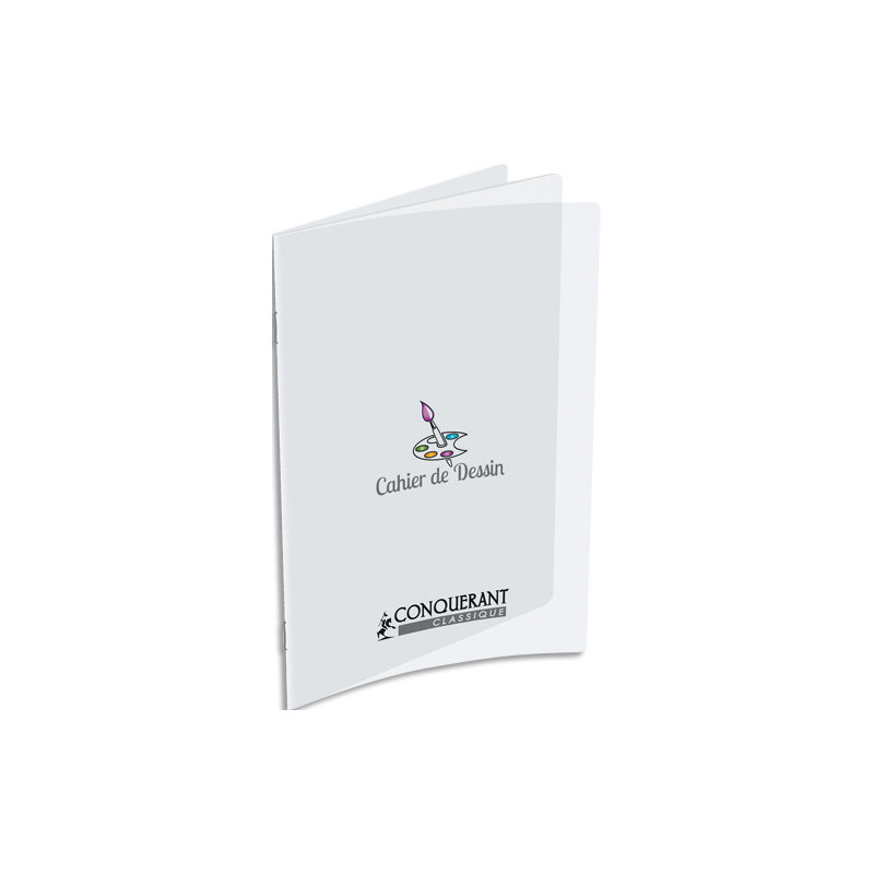 CONQUERANT Cahier de dessin piqûre 32 pages unies 90G 17x22cm. Couverture polypro incolore