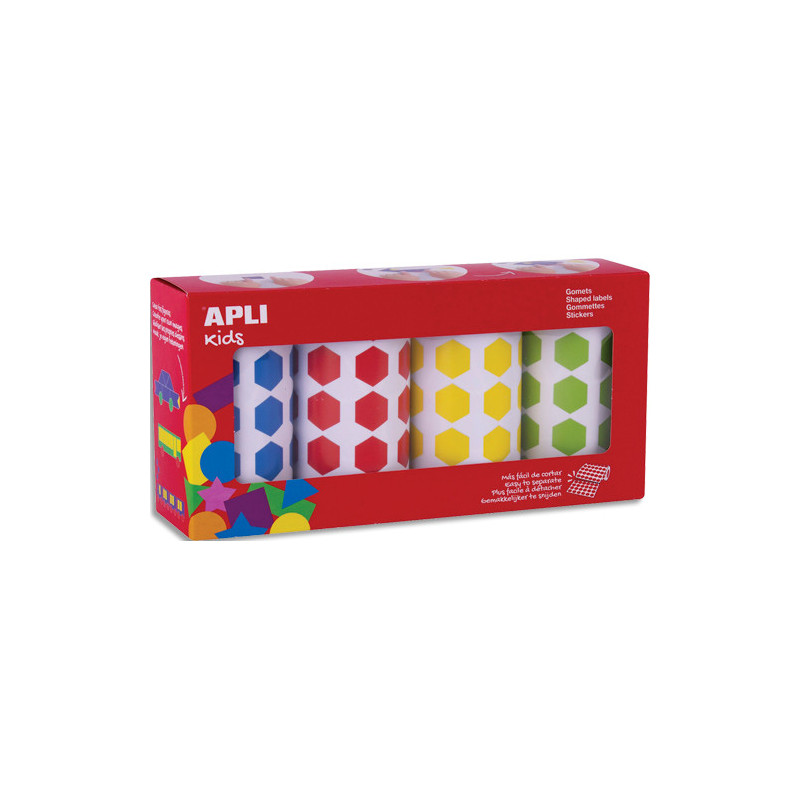 APLI KIDS Boîte de 4 rouleaux de gommettes hexagonales 20mm, couleurs ass (bleu, rouge, jaune et vert)