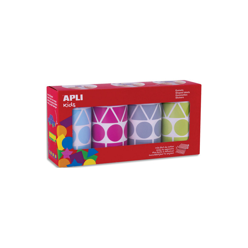 APLI KIDS Boîte de 4 rouleaux de gommettes géométriques 27mm, couleurs ass (bleu, fushia, gris et vert)