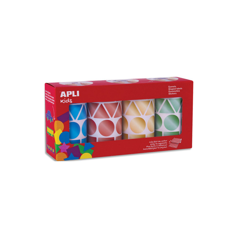 APLI KIDS Boîte de 4 rouleaux de gommettes géométriques 27mm, couleurs métal (bleu, rouge, or et vert)