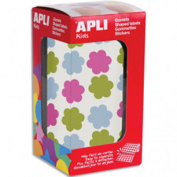 APLI KIDS Boîte de 900 gommettes en rouleau forme fleurs 20mm, couleurs assorties (bleu, rose, et vert)
