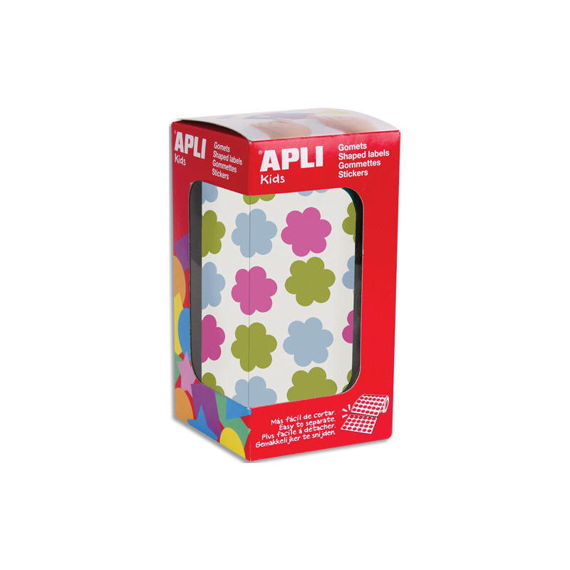 APLI KIDS Boîte de 900 gommettes en rouleau forme fleurs 20mm, couleurs assorties (bleu, rose, et vert)